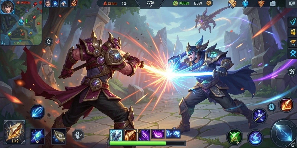 Screenshot menunjukkan aksi seru dalam pertarungan tim di MOBA.