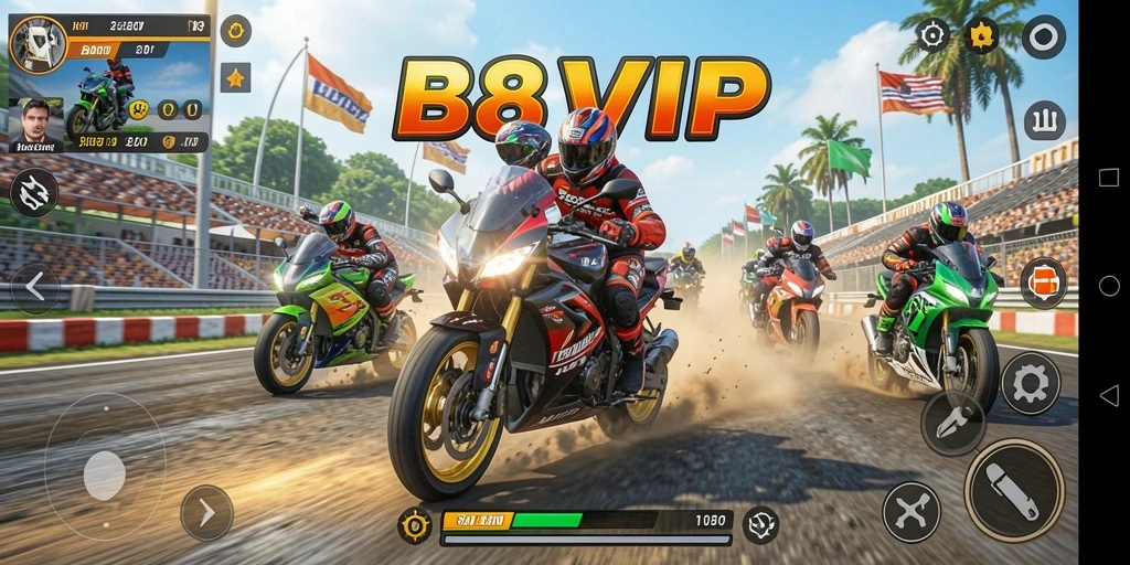 Tampilan utama dari gameplay B8VIP yang menampilkan balapan motor yang intens.