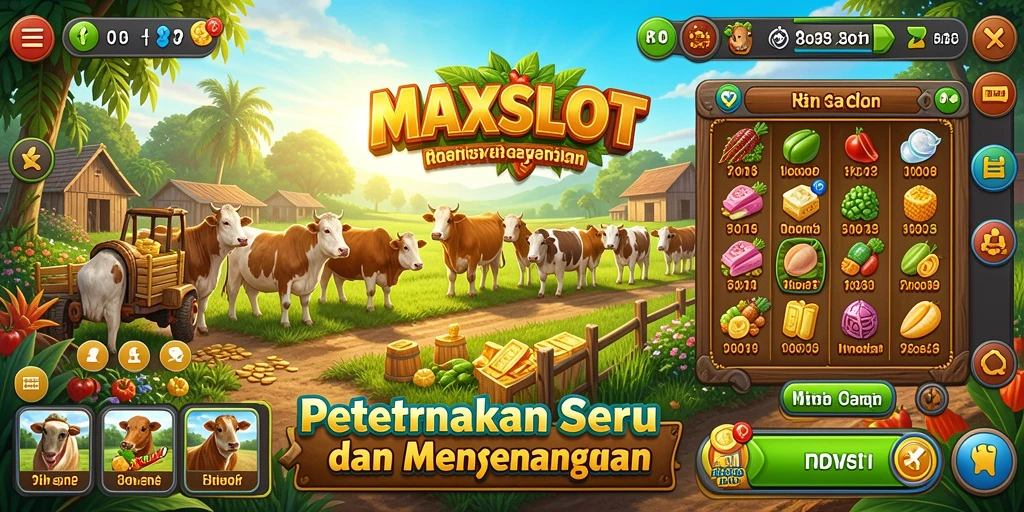 Screenshot gameplay <strong>MAXSLOT</strong> menampilkan suasana pertanian yang hidup dan interaktif.