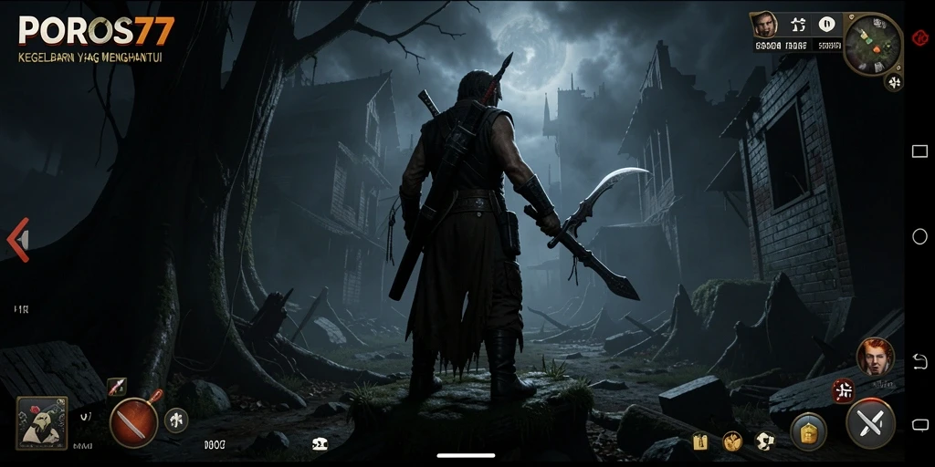 Screenshot gameplay POROS77 dengan suasana horror yang mencekam.